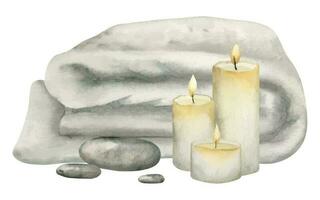 spa ilustración con toalla y velas mano dibujado acuarela ilustración para cuidado del cuerpo masaje salón en aislado blanco antecedentes. dibujo de piel cuidado artículos de aseo. natural belleza eco composición vector