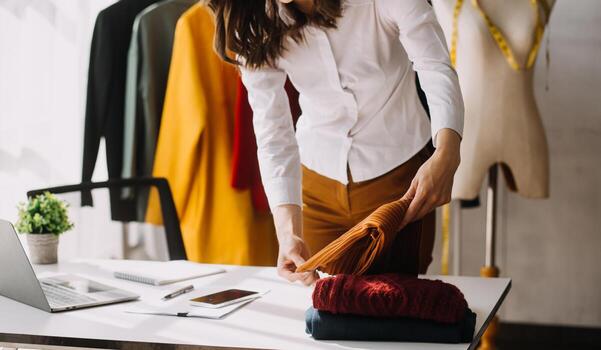 Moda diseñador l joven asiático mujer trabajando utilizando computadora portátil, tableta y sonriente mientras en pie en taller respondiendo en negocio foto