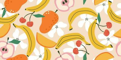 Vector seamless patterns with fruits and flowers. Trendy hand drawn texture. Contemporary collage. Modern abstract design for paper, cover, fabric.