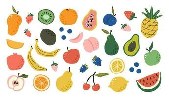 Set hand drawn colorful doodle fruits. Sketch style. Natural tropical fruits. Apple, peach, lemon, banana, pomegranate, pineapple, pear, avocado, plum. Vector illustration.