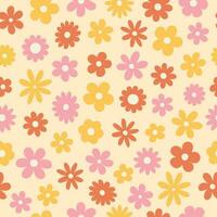 Floral pattern in the style of the 70s with groovy daisy flowers. Retro floral vector design. Style hippie of the 60s, 70s, 80s