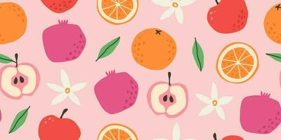 Vector seamless patterns with fruits and flowers. Trendy hand drawn texture. Contemporary collage. Modern abstract design for paper, cover, fabric.