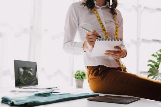 Moda diseñador l joven asiático mujer trabajando utilizando computadora portátil, tableta y sonriente mientras en pie en taller respondiendo en negocio foto