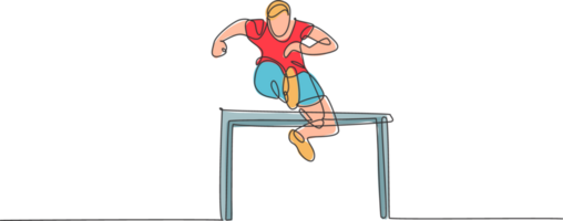 un continu ligne dessin de Jeune sportif homme coureur sauter obstacle à fonctionnement piste. santé activité sport concept. dynamique Célibataire ligne dessiner conception illustration pour fonctionnement un événement affiche png