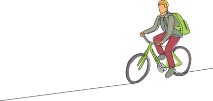 uno continuo línea dibujo de joven profesional gerente hombre ciclismo paseo bicicleta a su oficina. sano trabajando urbano estilo de vida concepto. dinámica soltero línea dibujar diseño gráfico ilustración png