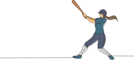 un Célibataire ligne dessin de Jeune énergique femme base-ball joueur entraine toi à frappé le Balle illustration. sport formation concept. moderne continu ligne dessiner conception pour base-ball tournoi bannière png