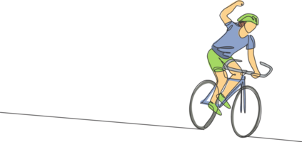enda kontinuerlig linje teckning av ung vig man cyklist Lycklig till nå Avsluta linje. sport livsstil begrepp. trendig ett linje dra design grafisk illustration för cykling lopp befordran media png