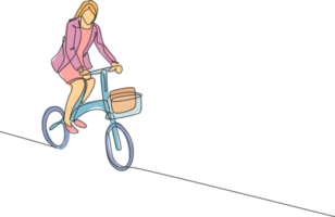ett kontinuerlig linje teckning av ung professionell chef kvinna cykling rida vikta cykel till henne kontor. friska arbetssätt urban livsstil begrepp. dynamisk enda linje dra design illustration png