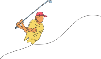 One continuous line drawing of young golf player swing golf club and hit the ball. Leisure sport concept. Dynamic single line draw design illustration graphic for tournament promotion media png