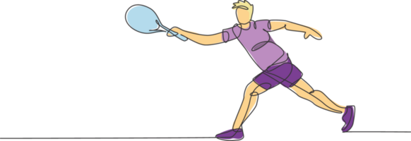 einer Single Linie Zeichnung jung energisch Mann Tennis Spieler schlagen das Ball Grafik Illustration. Sport Ausbildung Konzept. modern kontinuierlich Linie zeichnen Design zum Tennis Turnier Banner und Poster png