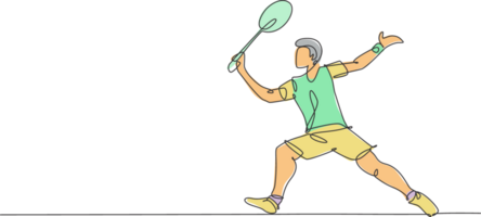 1 solteiro linha desenhando jovem enérgico badminton jogador levar uma bater a partir de oponente gráfico ilustração. saudável esporte conceito. moderno contínuo linha desenhar Projeto para badminton torneio poster png