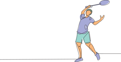 1 contínuo linha desenhando do jovem badminton jogador defesa para levar oponente bater com raquete. competitivo esporte conceito. dinâmico solteiro linha desenhar Projeto ilustração para torneio poster png