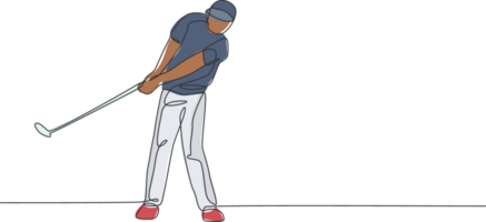 1 contínuo linha desenhando do jovem golfe jogador balanço golfe clube e bater a bola. lazer esporte conceito. dinâmico solteiro linha desenhar Projeto ilustração gráfico para torneio promoção meios de comunicação png