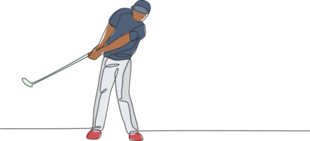 einer kontinuierlich Linie Zeichnung von jung Golf Spieler schwingen Golf Verein und schlagen das Ball. Freizeit Sport Konzept. dynamisch Single Linie zeichnen Design Illustration Grafik zum Turnier Beförderung Medien png