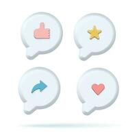 Set of digital notification tags, 3d render social media interface icons with like, heart, arrow and approval sign of thumb up. Internet message render illustration style vector