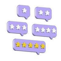 Set of 3d render style Speech bubbles with rating stars. Plastic icons of rank, feedback and opinion survey, service evaluation, comment of client satisfaction isolated on purple. Volume Illustration vector