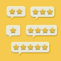 3D render Set of yellow stars on White Speech Bubbles. From one to five. Online feedback, survey or review concept. Trendy and modern vector in volume 3d style. eps10