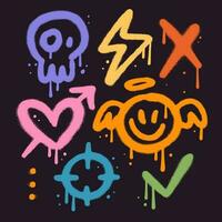 Set of colorful graffiti spray simple elemets set. Collection of symbols, heart, cross, thunder, angel, skull, check mark, sight with spray texture. Vector signs for banner, decoration, street art