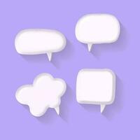 Set of 3D cute white square speech bubble icons isolated on violet pastel background. 3D Render Chat icon collection. Vector illustration.