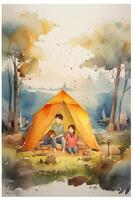 Camping in the mountains. Watercolor A family in nature landscape,Mountain ,adventure, Traveling Caravan Camping . photo