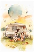 Camping in the mountains. Watercolor A family in nature landscape,Mountain ,adventure, Traveling Caravan Camping . photo