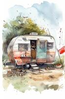 Camping in the mountains. Watercolor A family in nature landscape,Mountain ,adventure, Traveling Caravan Camping . photo