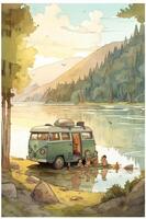 Camping in the mountains. Watercolor A family in nature landscape,Mountain ,adventure, Traveling Caravan Camping . photo