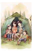 Camping in the mountains. Watercolor A family in nature landscape,Mountain ,adventure, Traveling Caravan Camping . photo