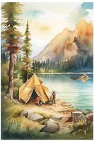 Camping in the mountains. Watercolor A family in nature landscape,Mountain ,adventure, Traveling Caravan Camping . photo