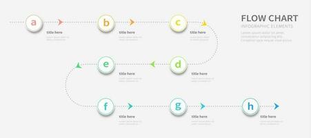 Dotted line process flow chart design infographic template with eight alphabetic options vector