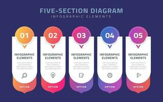 Five section diagram infographic elements with five banner options on blue background vector