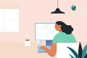 Flat illustration of a woman sitting at desk with hot cup of coffee and using computer at home. Concept of home office, work from home, or freelancers. vector