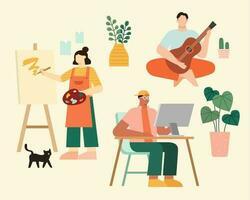 plano ilustraciones de personas haciendo diferente ocupaciones a hogar. el mujer haciendo cuadro, y el hombre jugando guitarra y otro utilizando computadora. vector