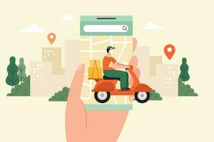 Flat illustration of hand holding a phone and courier with face mask riding scooter. Delivery service with GPS guide in mobile app. vector