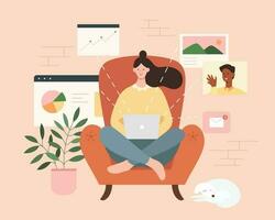 Woman sitting comfortably on armchair and working on laptop at home, flat illustration. Freelance or work from home concept. vector
