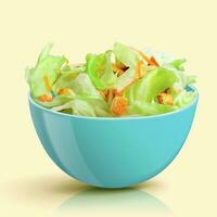 3d illustration of fresh salad in blue bowl, isolated on light yellow background vector