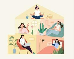 Stay home activity concept. Women enjoying different activities at home, including workout, reading, and using phone or laptop. Flat illustration. vector