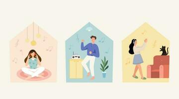 Set of young people listening to music at home. Flat illustration of entertainment at home during pandemic. vector