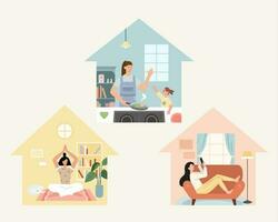 permanecer a hogar concepto. mujer a hogar haciendo diferente actividades, incluso Cocinando con hija, haciendo yoga, y vídeo vocación en teléfono. plano ilustración. vector