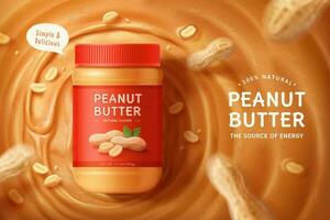Flay lay of peanut butter spread on a brown liquid with nut pods effect in 3d illustration vector