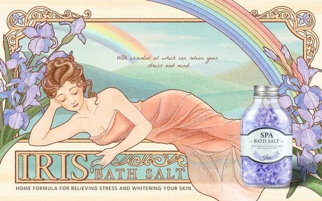 IRIS bath salt ads on mucha art style background, woman side lying with purple flowers