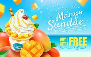 Delicious mango sundae ads with fresh fruit on bokeh beach background in 3d illustration vector