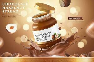 Chocolate hazelnut spread ads with splashing liquid on bokeh glitter brown background in 3d illustration vector