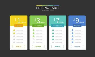 Pricing table infographic design with banner and four options vector template on black background