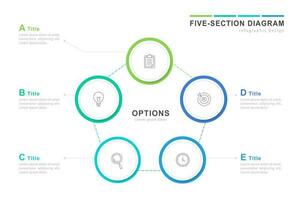 Five section diagram infographics, vector illustration of five round options infographic design elements.