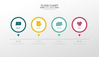 Four round elements placed in horizontal row. Diagram representing four stages of business process flow chart. vector