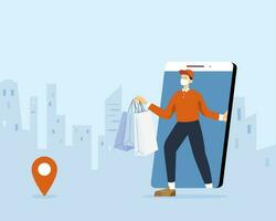 Delivery boy with face mask holding shopping bags and showing up from a smart phone, flat illustration of a online shopping home delivery during pandemic. vector