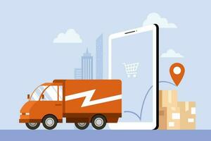 Flat illustration of delivery truck carrying parcel boxes from online store. Concept of online package tracking app or shipping process of online shopping. vector