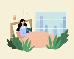Woman relaxing on bed and reading a book, flat illustration. vector