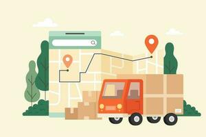 Delivery truck and mobile phone with map on city background. Fast express service with GPS guide, flat illustration. vector